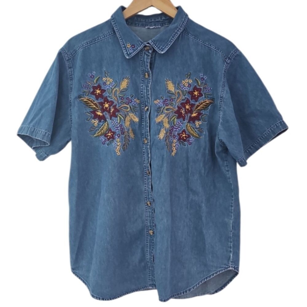 Bobby Brooks Vintage Embroidered Denim Shirt Women’s L Floral Western Y2K